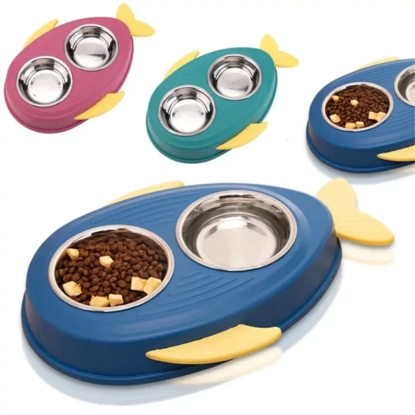 Fish Shaped Cat Feeder With Stainless Steel Bowls